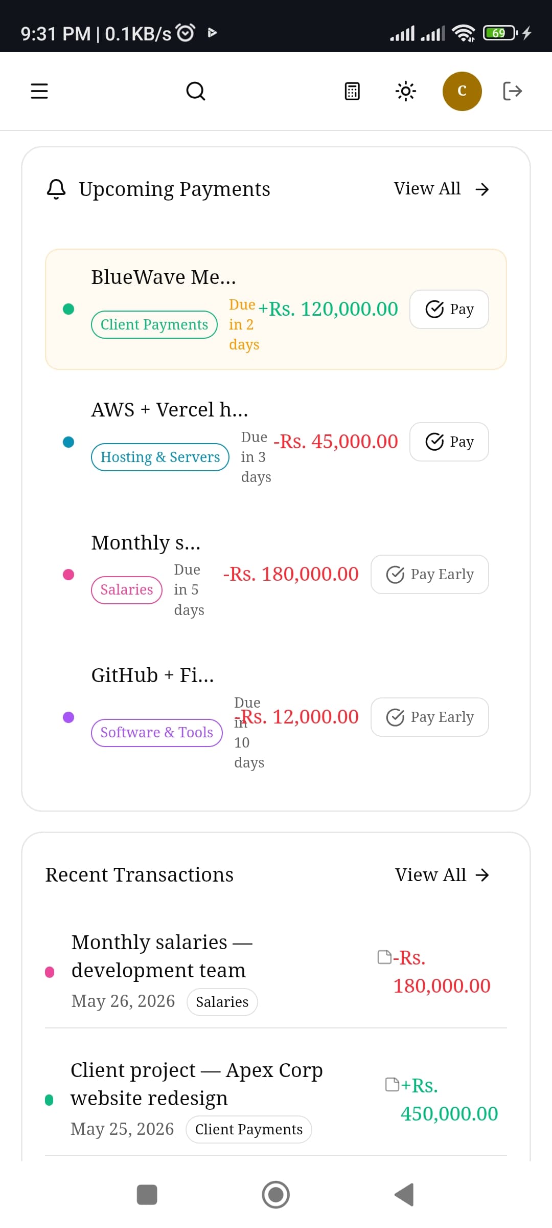 Dashboard on mobile — light mode