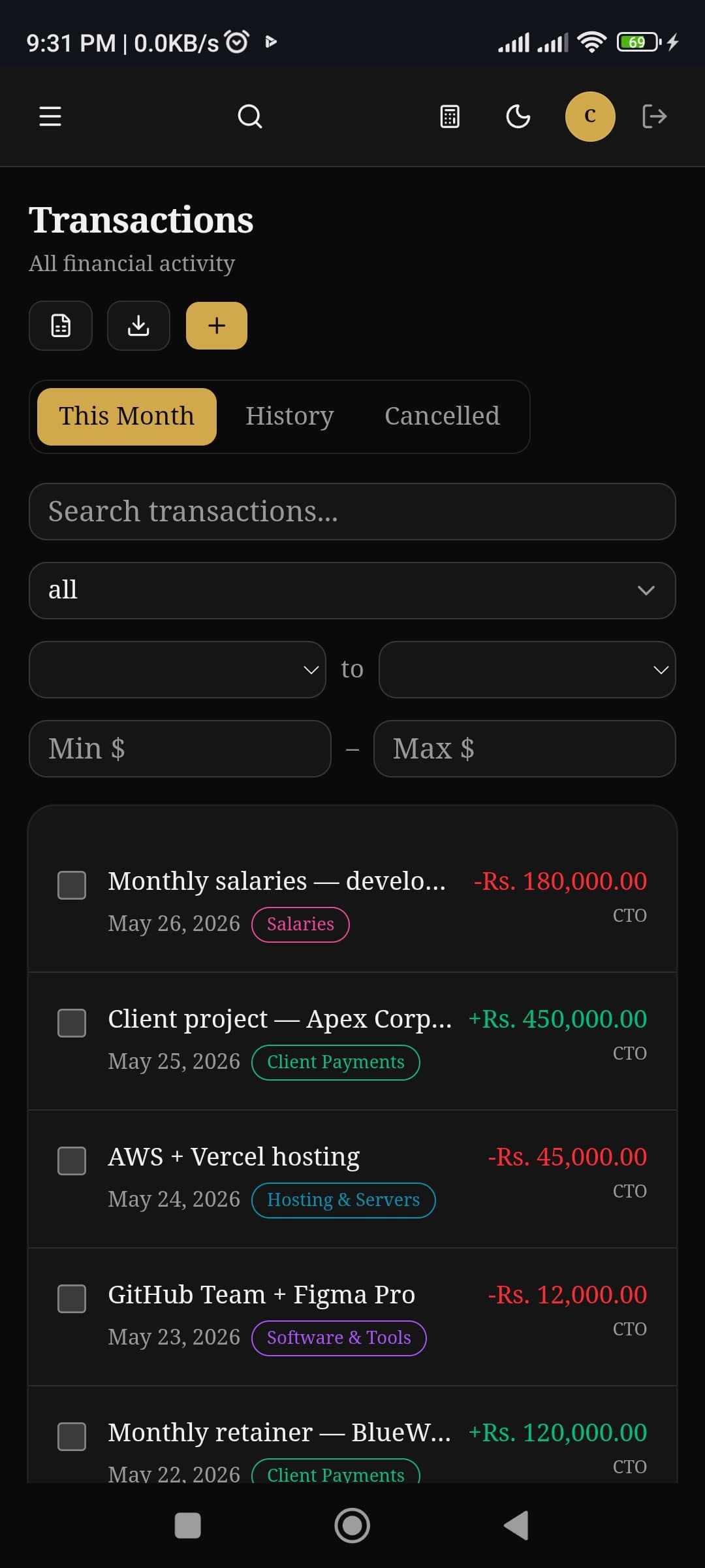 Transactions on mobile — dark mode